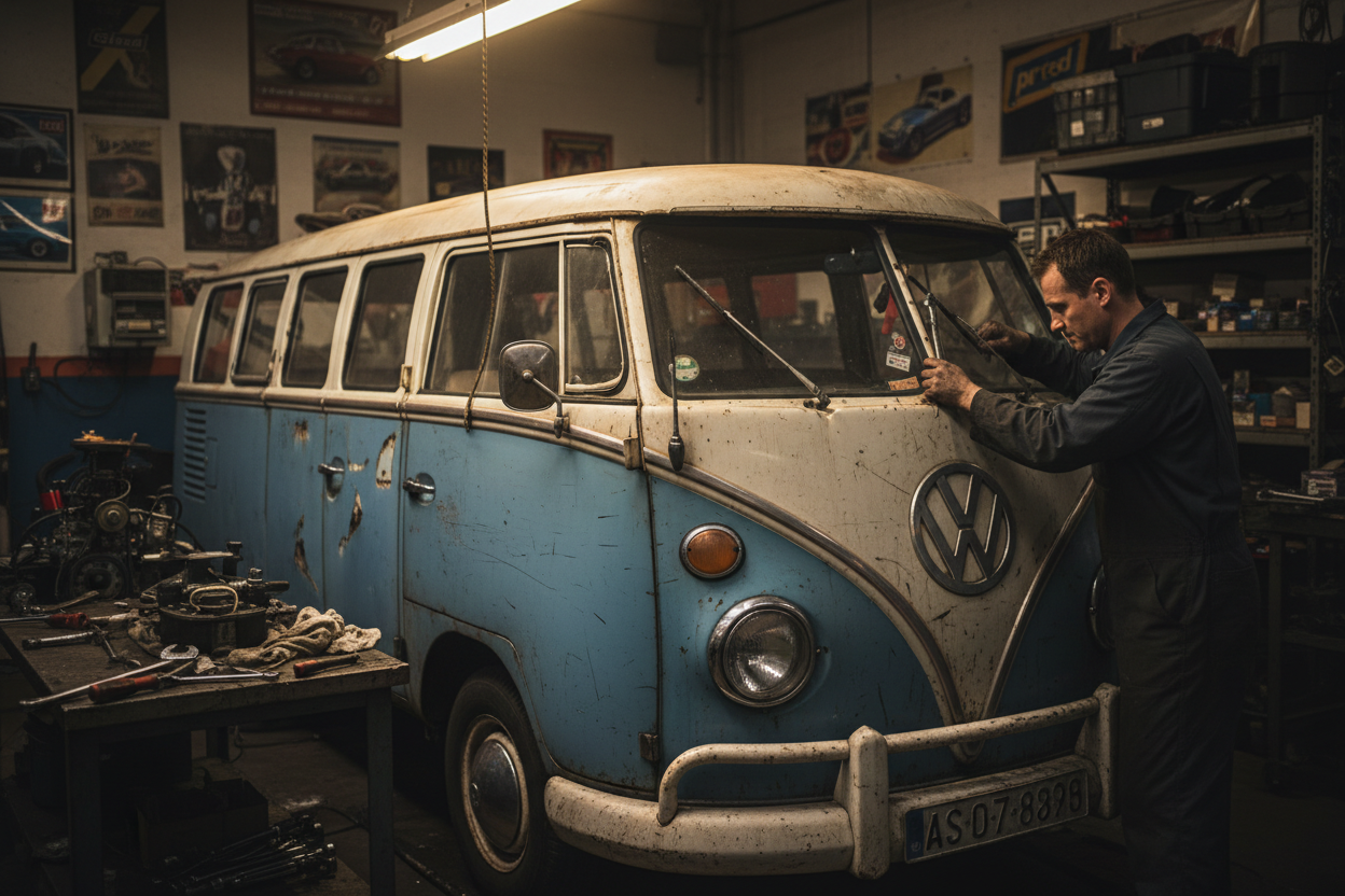 ein tuner in der Werkstatt, ölverschmierte Hände, schraubend an einem alt vw bus